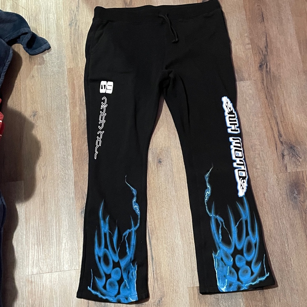Men's Black Bell Bottom Joggers with Blue Flame Accents